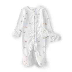 New 👍 Starting Out Baby Girl Newborn-6 Months Long Sleeve Rainbow Printed Knit Coverall & Coordinating Bow Headband Set White 🧨