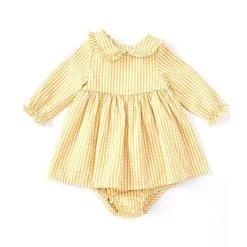 Hot Sale ⌛ Starting Out Baby 👧 Girls 3-24 Months Long Sleeve Peter Pan Collar Check Print Woven 👗 Dress Gold 🤩