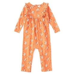 Hot Sale 😍 Starting Out Baby 👧 Girls 12-24 Months Printed Ruffle Long Sleeve Coverall Orange 😉