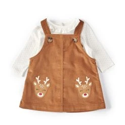 Best Sale 🛒 Starting Out Baby 👧 Girls 3-24 Months Ruffle Neck Long Sleeve Polka-Dot Tee Reindeer Corduroy Pinafore Jumper 2-Piece Set Brown 👏