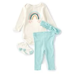 Coupon 🛒 Starting Out Baby 👧 Girls Newborn-9 Months Rainbow Long Sleeve Tee, Ribbed Pants, Headband, & 🧦 Socks 4-Piece Set Aqua 🥰