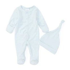 Deals 👍 Starting Out Baby Boys Preemie-9 Months Long Sleeve Footed Stipe Coverall & Knot Hat 2-Piece Set Blue 👍