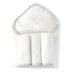 Promo 🔥 Starting Out Baby Hooded Towel & Washcloths Star Bath Set White/grey ⌛