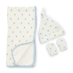 Wholesale ✨ Starting Out Baby Boy Elephant Knotted Beanie, Mittens & Blanket Set Blue 🌟