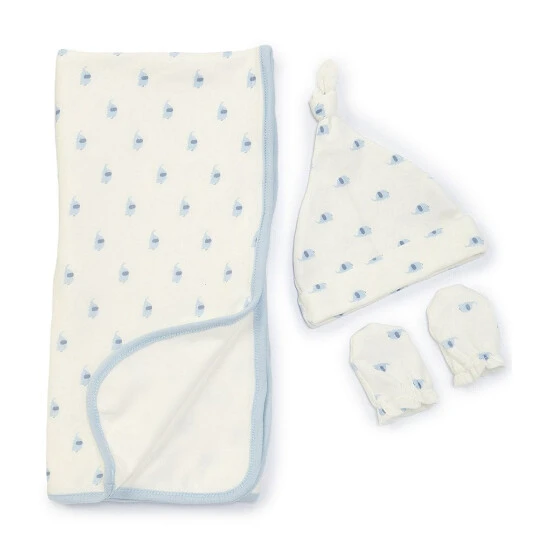 Wholesale ✨ Starting Out Baby Boy Elephant Knotted Beanie, Mittens & Blanket Set Blue 🌟 3 Wholesale ✨ Starting Out Baby Boy Elephant Knotted Beanie, Mittens & Blanket Set Blue 🌟