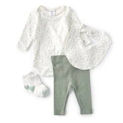 Best Sale ⭐ Starting Out Baby 👧 Girls Newborn-9 Months Long-Sleeve Bodysuit & Legging Bib & 🧦 Socks 4-Piece Set Green ❤️