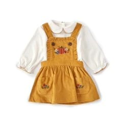 Wholesale 🌟 Starting Out Baby 👧 Girls 3-24 Months Long Sleeve 👚 Shirt & Pumpkin Embroidery Corduroy Jumper 2-Piece Set Gold 🔥